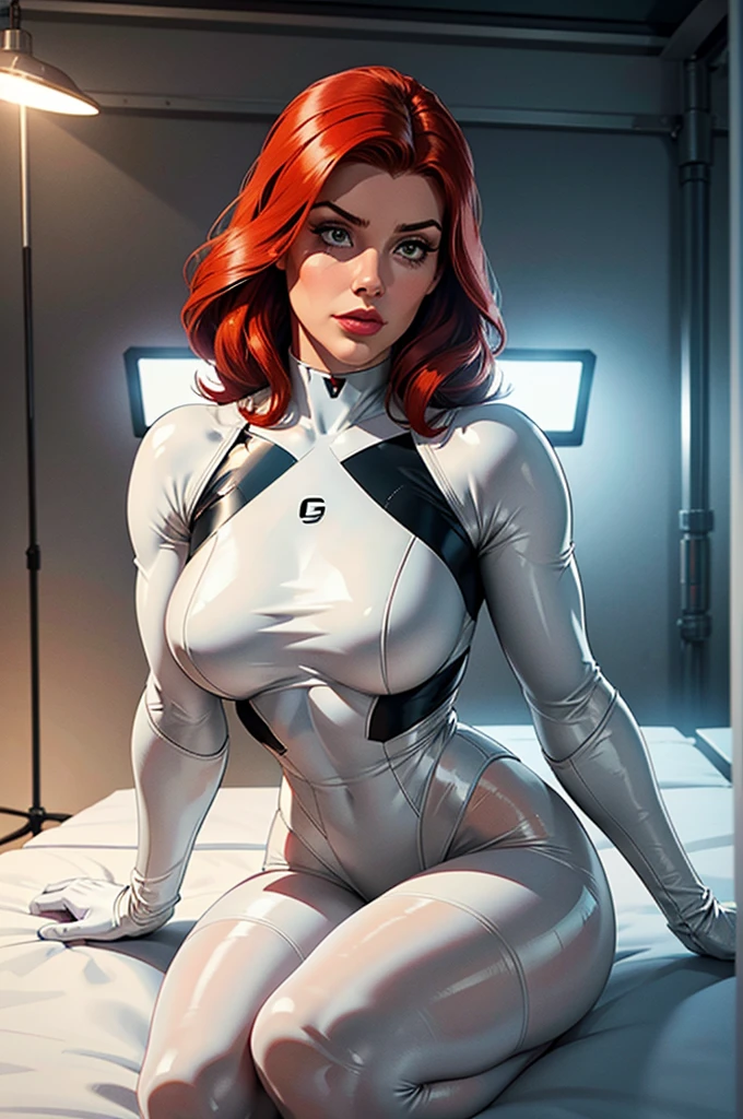 (best quality,8k:1.2,high resolution:1.2),ultra-detalhado,Realistic,vintage science fiction female superhero,retro, red hair,rosto extremamente detalhados,long eyelashes,Collant de nylon branco Apertado,white pantyhose,white gloves, white Glossy plastic accessories,Physically-based rendering,foco nítido,studio lighting