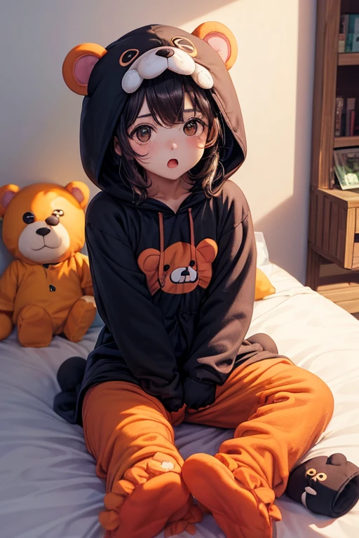 ((peor calidad, Baja calidad)), ((un primer plano)),(Pijama kigurumi de oso esponjoso:1.4), (pijama abierto:1.2), (pijama negro:1.4), Sudadera con capucha de animales abierta, escote, encapucharse, Sudadera con capucha de oso, orejas de oso, oversized hoodie, (usando guantes de pata de oso:1.AWS, cinco dedos,