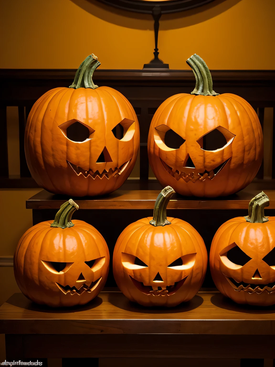 pumpkins with sculpture faces are lined up on a table, Astonishing, pumpkins, jack lantern, pumpkin灯, sculpture, october, sculpture, artistic masterpiece, Addy Meyers, author：author：author：by Dennis Flanders, pumpkin, Directly on the portrait, pumpkin head, creepy themed, she  a gourd, flashing, threaten!, David Myers