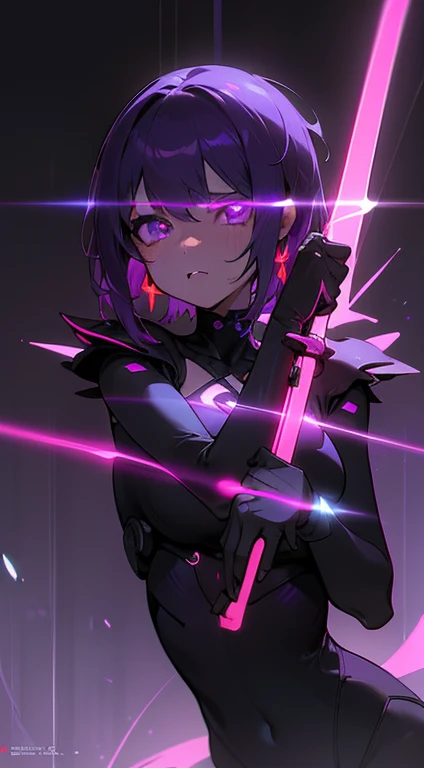 detalles intrincados: 1.2, Ultra detallado、1 chica, cabello purpura, Short bowl cut, Ojos morados brillantes, (purple neon color:1.5), pechos grandes y llenos, glowing neon earrings, tatuajes corporales, Pulsera en mano、Movie Posters、Representa a una mujer joven como personaje central.。Ella se encuentra con confianza en el centro del cartel.,Use un traje futurista cyborg de moda,(purple neon colorに輝くコスチューム:1.3),con expresiones decididas en sus rostros、Fondo oscuro y granulado,There's a sense of crisis and a strong sense、Adds overall drama and excitement.。La paleta de colores dominada por los colores oscuros,Salpicado de colores brillantes、arte pantomima、lenguaje corporal expresivo、silent storytelling、gestos evocadores、narrativas visuales、(neon glowing cyberpunk wall)