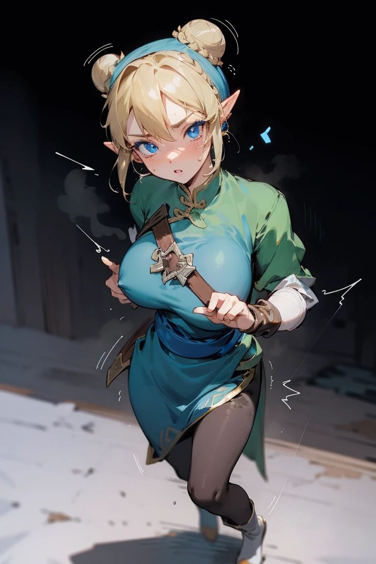 (link:1.6), legend of zelda, GS-womanly, chunli, (blue eyes:1.5), (blonde hair:1.4), (bun cover:1.5), double bun, eyeliner, hair bun, lipstick, makeup, pink lips,
BREAK blue dress, boots, bracelet, brown pantyhose, china dress, chinese clothes, cross-laced footwear, dress, gold trim, jewelry, pantyhose, pelvic curtain, puffy sleeves, sash, short sleeves, side slit, spiked bracelet, spikes, white footwear,
BREAK looking at viewer, full body,
BREAK outdoors,
BREAK (masterpiece:1.2), best quality, high resolution, unity 8k wallpaper, (illustration:0.8), (beautiful detailed eyes:1.6), extremely detailed face, perfect lighting, extremely detailed CG, (perfect hands, perfect anatomy), Sweat, Wet, (gigantic breasts:1.2), (Trembling girl:1.3),