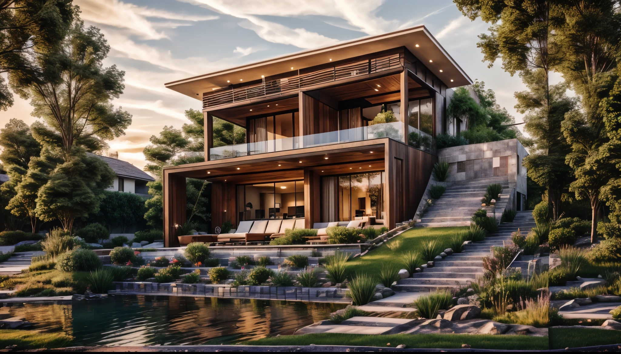 Exterior, house, luxury, modern style, reflective glass material, white wall paint, stone wall, wooden ceiling, in the city, crowded street, many cars, many people, many trees, Trees on the roof, sunrise, empty clouds, 8k, vray images
