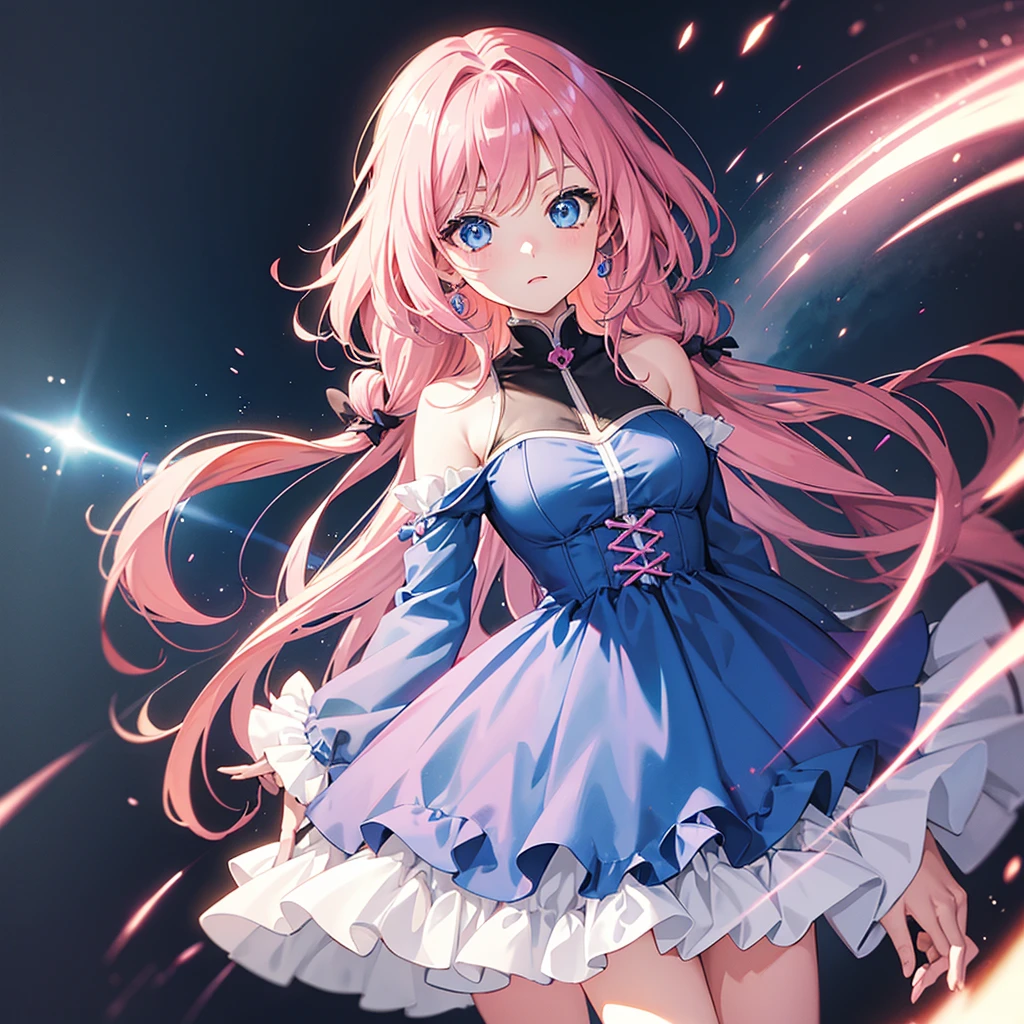 Anime 1girl time travel power she have, blue eyes age15 future time travel long butifull  dress 4k HD ultra, add time travel backguard add pink hair and make her little 