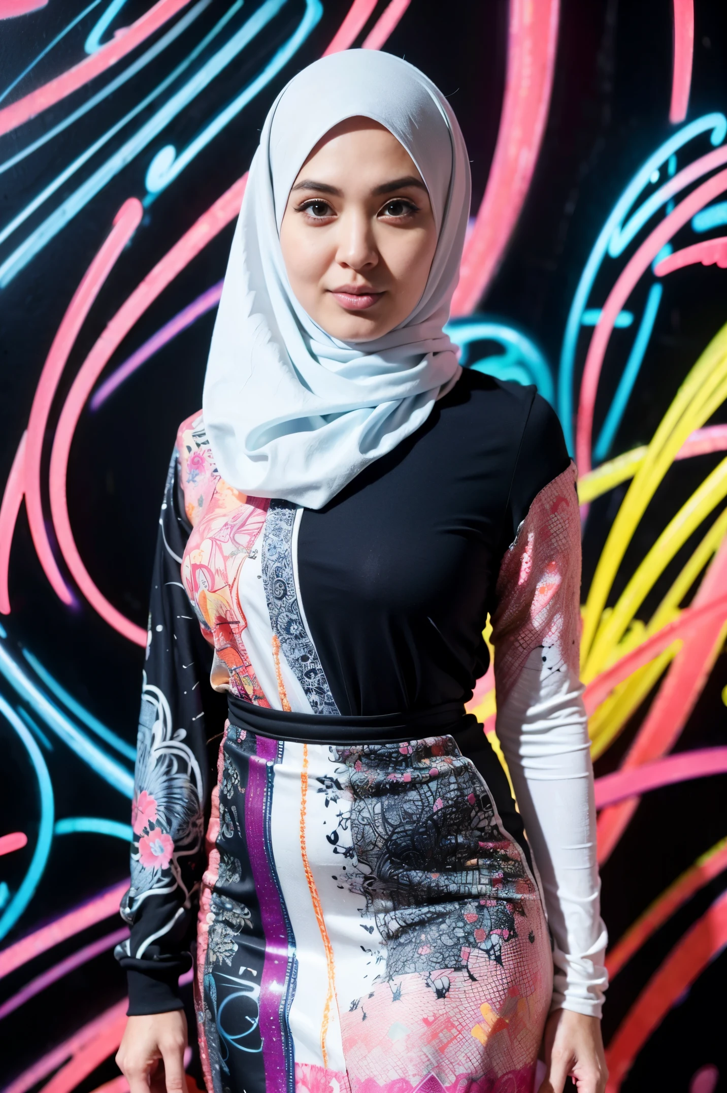 (Hijab), (Angelina Jolie), 1girl, solo, pretty face, eyelashes, nose, glossy lips, (detailed eyes, looking at viewer, fair skin, white skin: 1.5), , wearing hijab, 8k portrait of beauty in hijab, intricate, graceful, highly detailed, majestic, digital photography, hyper realistic, Masterpiece, Best Quality, All parts of the body except the face and hands are covered with clothing, Tudung, ((do not let the hair come out of the hijab)), full hijab, ((all parts of the body covered by clothes except the face)), Best Quality, (graffiti:1.5), paint splatter, jacket, On wall, paint can, looking at viewer, head slanted, inspired by Shunkōsai Hokushū, inspired by Tsukioka Yoshitoshi, inspired by Utagawa Kuniyoshi, inspired by Ryūkōsai Jokei, inspired by Gatōken Shunshi, inspired by Kanō Hōgai, (masterpiece, top quality, best quality, official art, beautiful and aesthetic:1.2), (1girl:1.3), extremely detailed,(fractal art:1.2),colorful,highest detailed,( zentangle neon:1.2), (dynamic pose), (abstract background neon:1.5), (treditional dress:1.2)