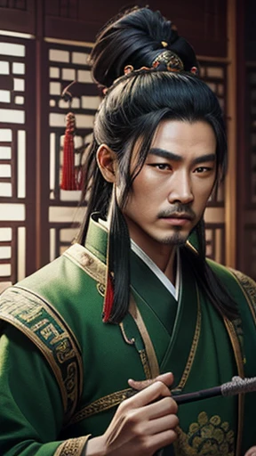 oriental、ancient chinese man wearing green clothes、ancient chinese hairstyle man、three kingdom、multiple warlords、highest quality、masterpiece、ultra high resolution、(Photoreal:1.4)、game poster、inside the house、