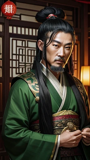 oriental、ancient chinese man wearing green clothes、ancient chinese hairstyle man、three kingdom、multiple warlords、highest quality、masterpiece、ultra high resolution、(Photoreal:1.4)、game poster、inside the house、