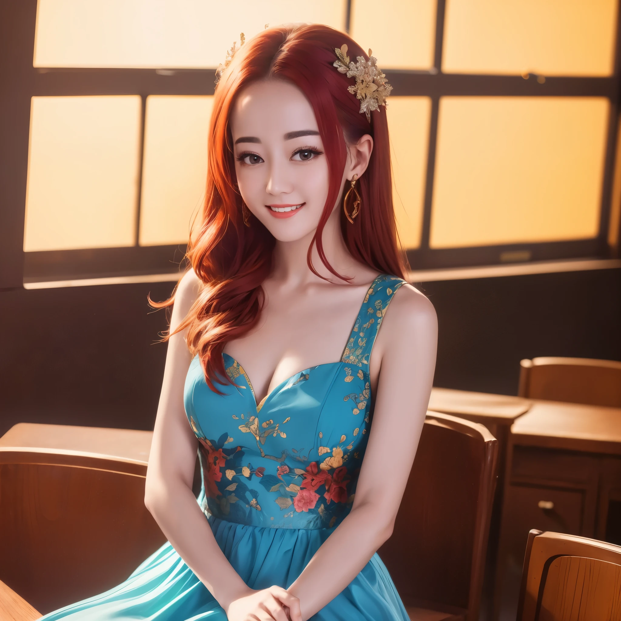 (best quality,4k,8k,highres,masterpiece:1.2),ultra-detailed, red haired Chinese college student, Dilraba Dilmurat, flowery blue sundress, smiling, in a classroom, HDR, 8k, absurdres, cinestill 800, sharp focus