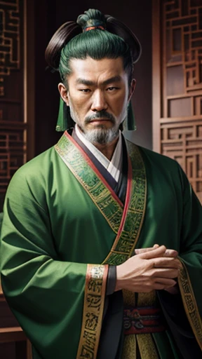 oriental、ancient chinese man wearing green clothes、ancient chinese hairstyle man、three kingdom、multiple warlords、highest quality、masterpiece、ultra high resolution、(Photoreal:1.4)、game poster、inside the house、
