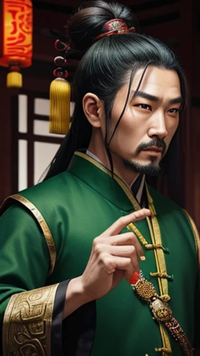 oriental、ancient chinese man wearing green clothes、ancient chinese hairstyle man、three kingdom、multiple warlords、highest quality、masterpiece、ultra high resolution、(Photoreal:1.4)、game poster、inside the house、