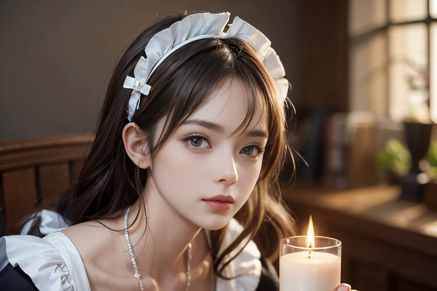 ((best quality: 1.4)), (Unparalleled masterpiece), (ultra high definition) , (Ultra-realistic 8k CG),(half body image ),(Super detailed),(maid ),(Artwork by Jean Baptiste Monge), highly detailed maid clothes, half_apron ,Amazingly beautiful , Highly detailed beautiful hair , highly detailed hairstyle, cinematic, happy ,In the old bungalow, candle lighting, Use the backlight effect to increase the depth of the image, Anisotropic filtering, depth of field, Maximum clarity and sharpness, ,8 life size , thick body:0.8 ,perfect anatomy , symmetrical balance, beautiful gradation , sharp focus, golden ratio, centered image, beautiful composition,