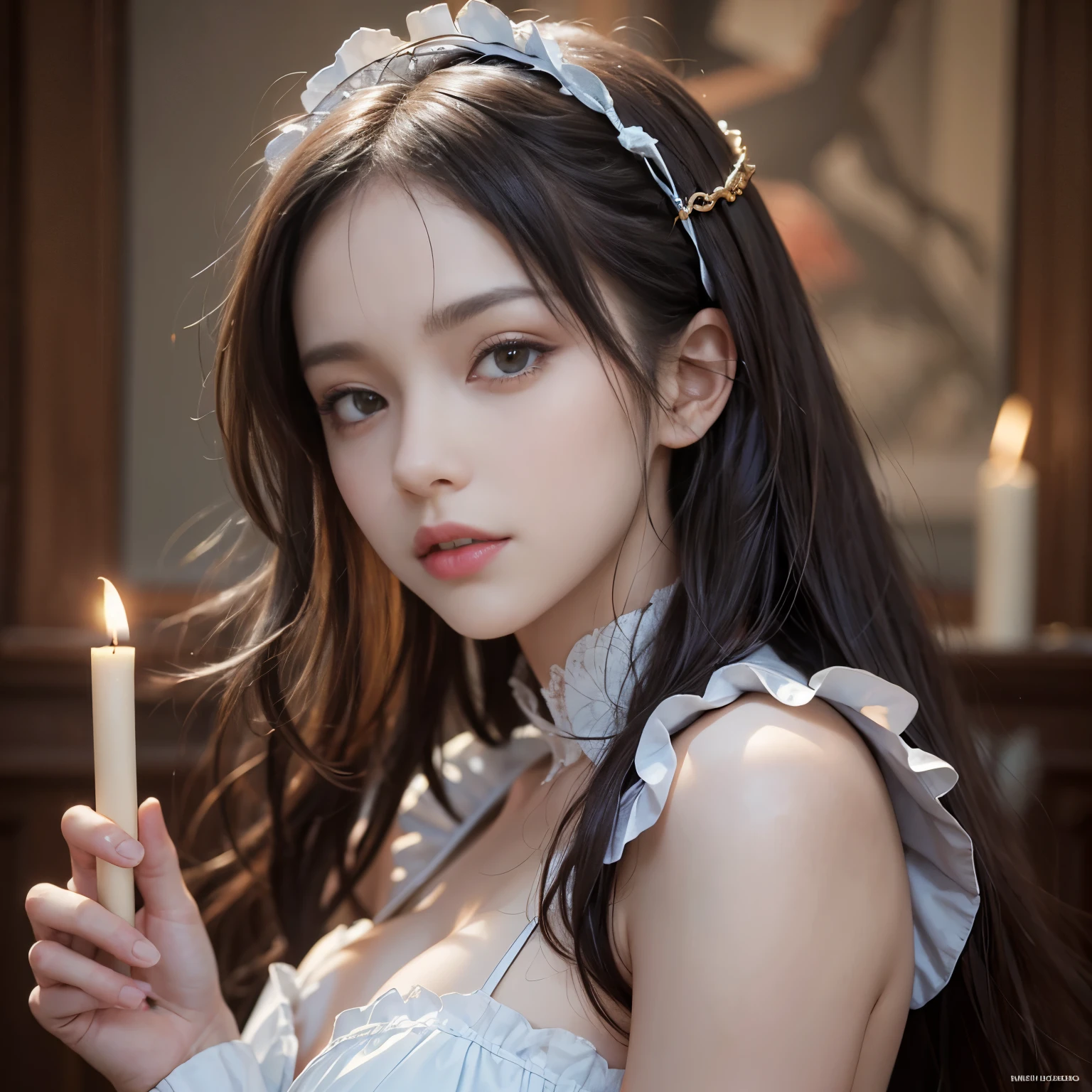 ((best quality: 1.4)), (Unparalleled masterpiece), (ultra high definition) , (Ultra-realistic 8k CG),(half body image from head to thigh),(Super detailed),(maid ),(Artwork by Jean Baptiste Monge), highly detailed maid clothes, half_apron ,Amazingly beautiful , Highly detailed beautiful hair , highly detailed hairstyle, cinematic, happy ,In the old bungalow, candle lighting, Use the backlight effect to increase the depth of the image, Anisotropic filtering, depth of field, Maximum clarity and sharpness, ,8 life size , thick body:0.8 ,perfect anatomy , symmetrical balance, beautiful gradation , sharp focus, golden ratio, centered image, beautiful composition,