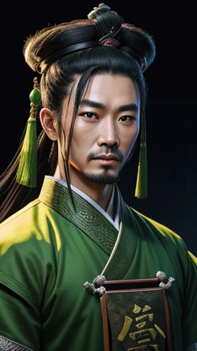 oriental、ancient chinese man wearing green clothes、ancient chinese hairstyle man、three kingdom、multiple warlords、highest quality、masterpiece、ultra high resolution、(Photoreal:1.4)、game poster、inside the house、Upper body、highest quality、masterpiece、ultra high resolution、(Photoreal:1.4)、game poster