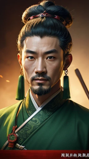 oriental、ancient chinese man wearing green clothes、ancient chinese hairstyle man、three kingdom、multiple warlords、highest quality、masterpiece、ultra high resolution、(Photoreal:1.4)、game poster、inside the house、Upper body、highest quality、masterpiece、ultra high resolution、(Photoreal:1.4)、game poster