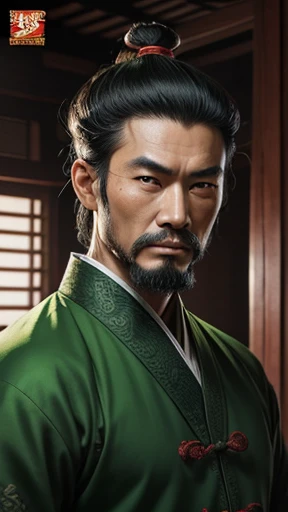 oriental、ancient chinese man wearing green clothes、ancient chinese hairstyle man、three kingdom、multiple warlords、highest quality、masterpiece、ultra high resolution、(Photoreal:1.4)、game poster、inside the house、Upper body、highest quality、masterpiece、ultra high resolution、(Photoreal:1.4)、game poster