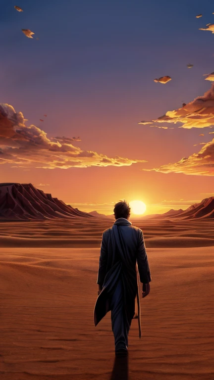 a lonely man walks through a vast desert under a sunset sky, melancholy countenance, followed by a scene of him walking anonymously through a bustling city at dawn, highlighting your sense of isolation