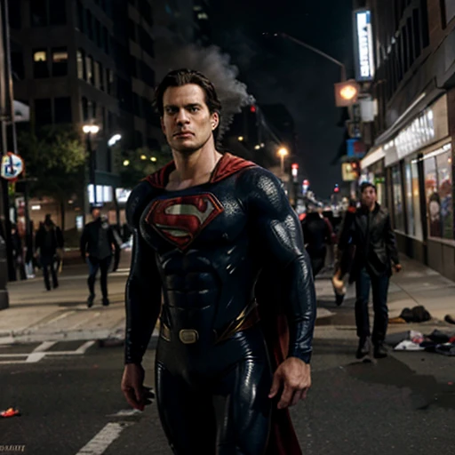 Hyperrealistic Henry Cavill as Superman fighting Michael Shannon Genaral Zodd in city center. A lot of debris and smoke. High impact 