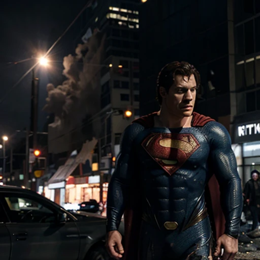 Hyperrealistic Henry Cavill as Superman fighting Michael Shannon Genaral Zodd in city center. A lot of debris and smoke. High impact 