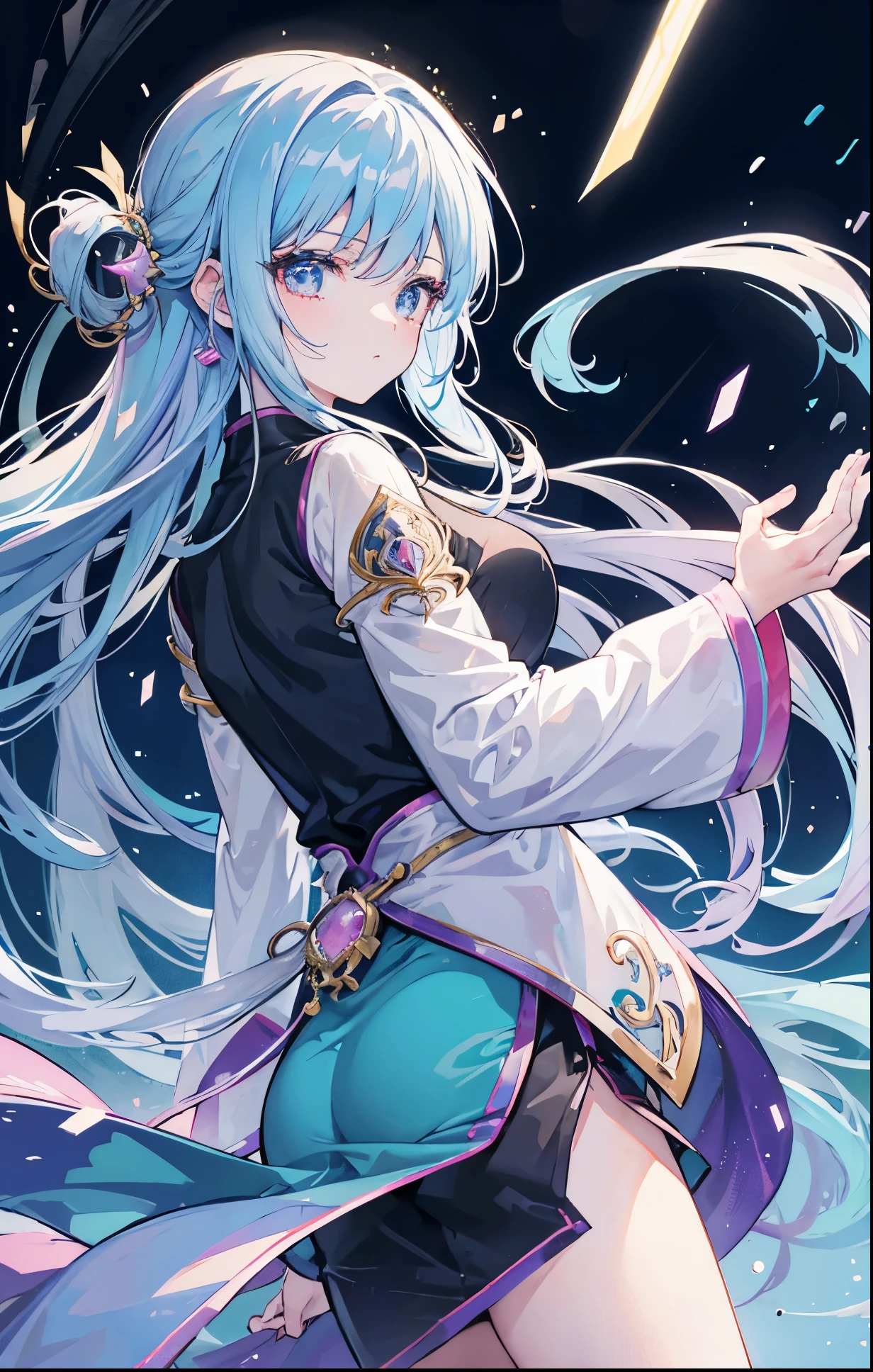 Ancient female warriors, Hold a black sword in your right hand, High long ponytail, blue color eyes, white hair, gradient hair, light blue hair, hair bow, forehead jewel, forehead mark, mismatched pupils, heterochromia, smile, parted lips, pink eyes, mismatched pupils, Surrealism, Romanticism, god rays, ray tracing, wide shot, from side, UHD, masterpiece, ccurate, anatomically correct, high details, super detail, high quality, award winning, best quality, highres, 8k