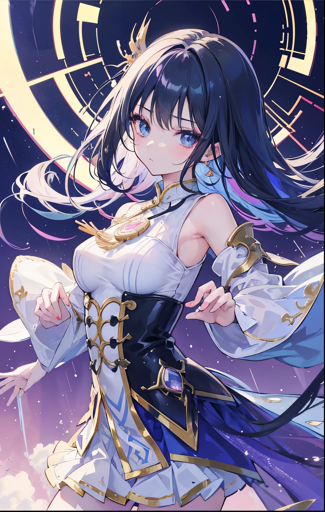 girl,anime style,looking at the audience,High level of detail,reflective transparent iridescent colors,long transparent iridescent hair,Portrait of waist up,华丽的神圣girl,best quality,Super detailed,sad,clever,beautiful face,Beautiful black light background,Rendered character style,dance in the rain