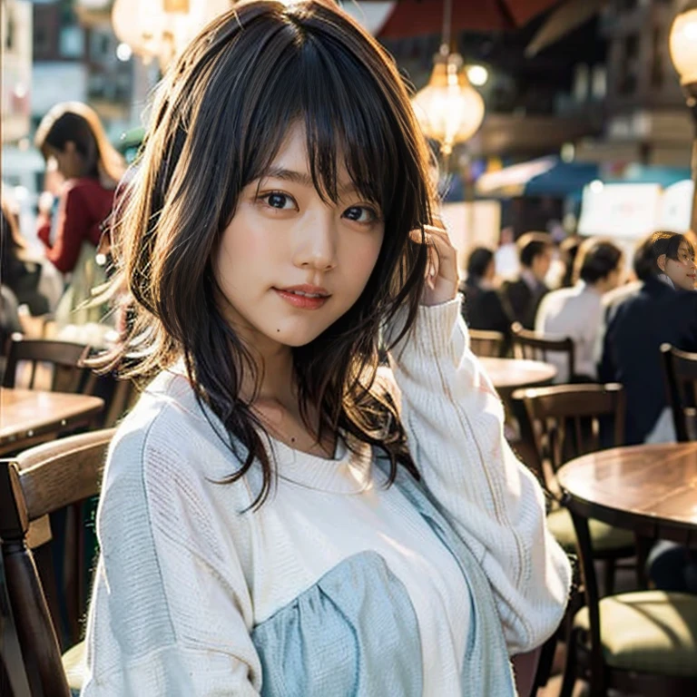 (8K, Raw photo, highest quality, masterpiece: 1.2), masterpiece, 超detailed, Super high resolution, (realistic and realistic photos: 1.37), High-definition RAW color photo, very delicate and beautiful, 非常にdetailedな, 8k wallpaper, amazing, detailed, 非常にdetailedな目, 非常にdetailedな肌, very fine fingers, h非常にdetailedな nose, 非常にdetailedな口, perfect anatomy,1 girl, apron, Black dress, blurry, blurry background, blurry前景, blush, Braid, chest, Depth of bounds written, dress, eyebrows visible through hair, frills, gloves, hair between eyes, indoors, jewelry, juliet sleeves, long sleeve, looking at the viewer, maid, maid apronl, maidの頭飾り, puffy sleeves, short hair, sitting, alone, White apron, window, huge boobs、Nogizaka Idol、korean idol、Gravure idol pose、、25 years old、expensive、Cafe、restaurant、Italy、American、Australia、She was laughing and her white blouse was soaking wet, sticking to her skin and her underwear showing through., 非常にdetailedな顔と肌の質感, Beautiful, white, shiny skin with a round face, double eyelid、She is looking at the camera and smiling as if inviting the man.、Her hair is a short bob, wet and disheveled.、The background is a cocktail bar at night with dim lighting.、