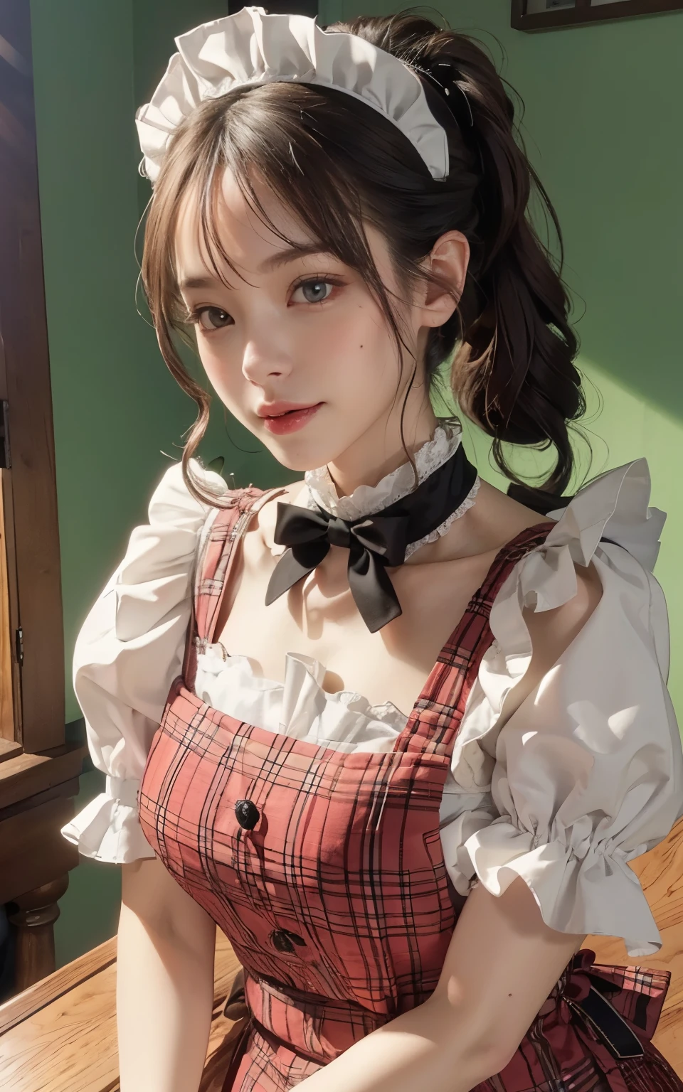 (original photo:1.2), Masterpiece, 8K, high resolution, (Realism:1.4), Realistic face woman, Extremely detailed eyes and face, Beautiful and delicate eyes, realistic face, high resolution, Very detailed, quality, Masterpiece, Very detailed,, Gorgeous, building, quality, movie lighting, ponytail, mole, a 20 yo woman, (Smile:0.5), headdress clothes), A black ribbon, white apron, puff sleeves, collar, collar, apron with ruffle details, Black maid outfit, Full back))))、(((mouth draining liquid)))、skin soaked with sweat