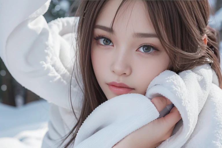 1 female, close up of face, light brown hair, dull bangs, hair behind the ear, hair on shoulders, long hair, slender body shape, Extra-fine face, thin face, delicate lips, beautiful eyes, light blush, eyes are light brown,watch here, extra thin hands, Super thin fingers, Optimal ratio of 4 fingers and 1 thumb, (realistic:1.3), white long coat.Long pants for the cold season, Scarf,gloves、Coniferous forest with heavy snowfall, It's snowing.one person's perspective, fujifilm, 8K, table top, nffsw, Super detailed, high quality, 最high quality, High resolution,