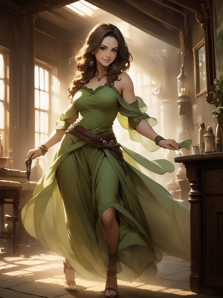 (Caucasianwoman, female, short brown hair, pale, brown eyes, solo portrait, natural breasts) green dress, long flowing dress, green clothing full body, smiling, standing inside, good lighting, daytime, inside of a tavern, ((masterpiece, best quality)), art by greg rutkowski