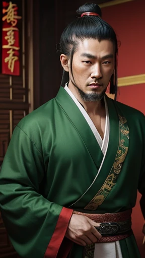 oriental、ancient chinese man wearing green clothes、ancient chinese hairstyle man、three kingdom、multiple warlords、highest quality、masterpiece、ultra high resolution、(Photoreal:1.4)、game poster、inside the house、Upper body、highest quality、masterpiece、ultra high resolution、(Photoreal:1.4)、game poster
