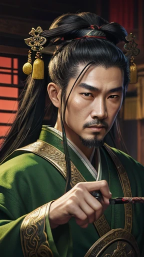 oriental、ancient chinese man wearing green clothes、ancient chinese hairstyle man、three kingdom、multiple warlords、highest quality、masterpiece、ultra high resolution、(Photoreal:1.4)、game poster、inside the house、Upper body、highest quality、masterpiece、ultra high resolution、(Photoreal:1.4)、game poster