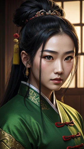 oriental、ancient chinese man wearing green clothes、ancient chinese hairstyle man、three kingdom、multiple warlords、highest quality、masterpiece、ultra high resolution、(Photoreal:1.4)、game poster、inside the house、Upper body、highest quality、masterpiece、ultra high resolution、(Photoreal:1.4)、game poster