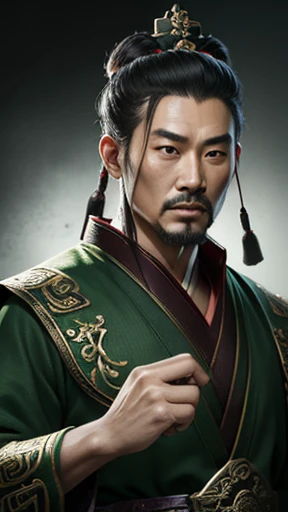 oriental、ancient chinese man wearing green clothes、ancient chinese hairstyle man、three kingdom、multiple warlords、highest quality、masterpiece、ultra high resolution、(Photoreal:1.4)、game poster、inside the house、Upper body、highest quality、masterpiece、ultra high resolution、(Photoreal:1.4)、game poster