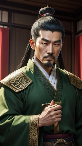oriental、ancient chinese man wearing green clothes、ancient chinese hairstyle man、three kingdom、multiple warlords、highest quality、masterpiece、ultra high resolution、(Photoreal:1.4)、game poster、inside the house、Upper body、highest quality、masterpiece、ultra high resolution、(Photoreal:1.4)、game poster