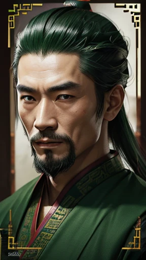 oriental、ancient chinese man wearing green clothes、ancient chinese hairstyle man、three kingdom、multiple warlords、highest quality、masterpiece、ultra high resolution、(Photoreal:1.4)、game poster、inside the house、Upper body、highest quality、masterpiece、ultra high resolution、(Photoreal:1.4)、game poster