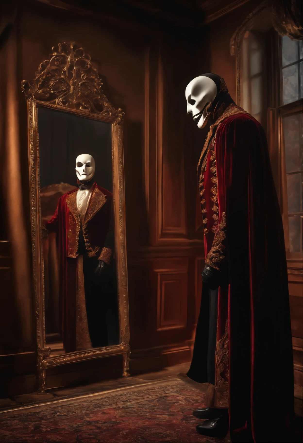 dark shading, full body, Phantom of the Opera, half face mask, looking in the mirror in a room, hyperdetailed, hyperrrealism, 32k, art by George grie