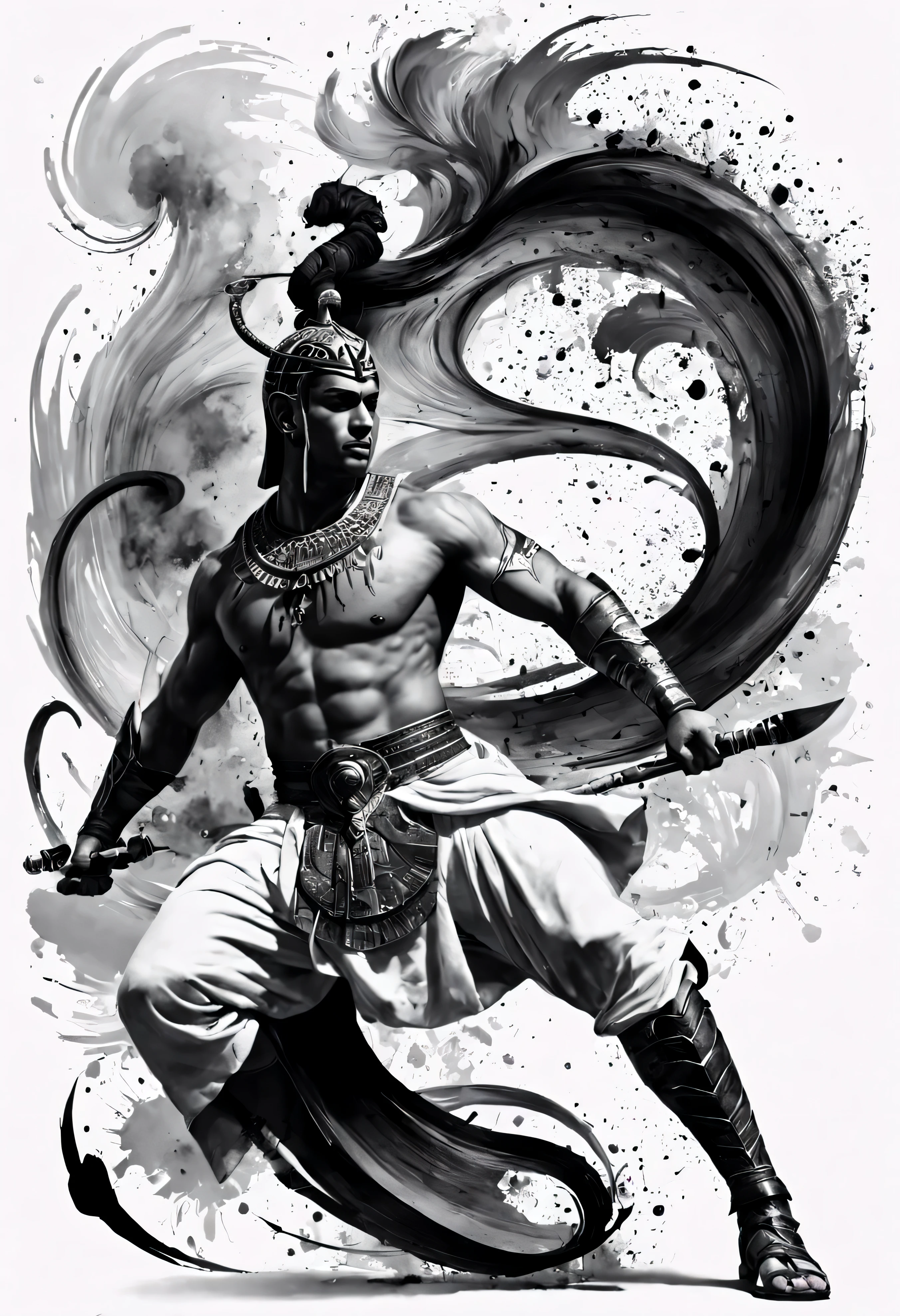 Egyptian warrior, The art of tattooing, ink splash, swirl of ink, Arabic letter, art at its best, black, White & Grey, 血