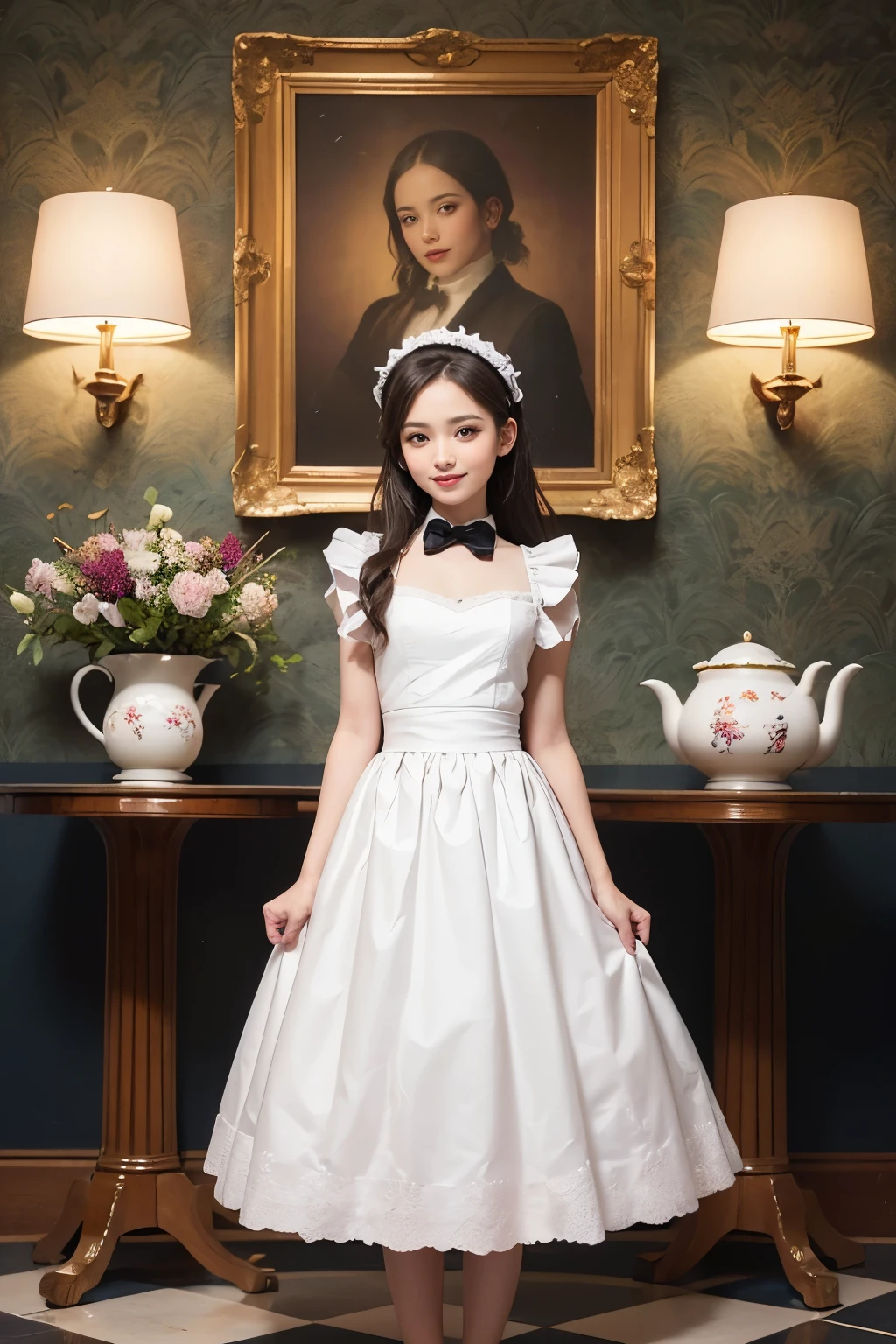 (8k, original photo, best quality, masterpiece:1.2), High-detail RAW color photos, Professional photos, (cowboy shooting:1.3), (actual, photo actual:1.37), ((best quality)), (1 girl:1.3), film light, (Facial details are more delicate:1.2), (masterpiece:1.5), (best quality:1.2), (smiling:1.2), (looking at the audience:1.2), bow tie, (Detail of maid:1.3),traditional, (Willow Yao:1.2), (:1.2), elegant, Gorgeous,gothic-lolita,Put your arms behind your back, Tray with teapot,
rest
background luxury mansion, in, indirect lighting, floor lamp, Many beautiful flowers in a luxurious vase, create luxury、Luxurious atmosphere., marble floor, decor wall, rest ,William Morris, arts and crafts movement, complex patterns, Design inspired by nature, wallpaper art, Textile creation, English Heritage