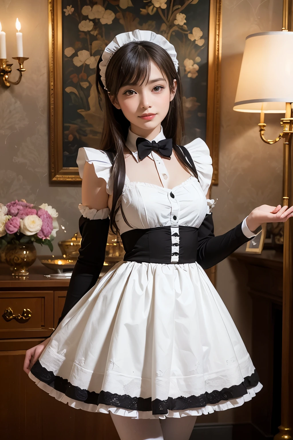 (8k, original photo, best quality, masterpiece:1.2), High-detail RAW color photos, Professional photos, (cowboy shooting:1.3), (actual, photo actual:1.37), ((best quality)), (1 girl:1.3), film light, (Facial details are more delicate:1.2), (masterpiece:1.5), (best quality:1.2), (smiling:1.2), (looking at the audience:1.2), bow tie, (Detail of maid:1.3),traditional, (Willow Yao:1.2), (:1.2), elegant, Gorgeous,gothic-ta,Put your arms behind your back, Tray with teapot,
rest
background luxury mansion, in, indirect lighting, floor lamp, Many beautiful flowers in a luxurious vase, create luxury、Luxurious atmosphere., marble floor, decor wall, rest ,William Morris, arts and crafts movement, complex patterns, Design inspired by nature, wallpaper art, Textile creation, English Heritage