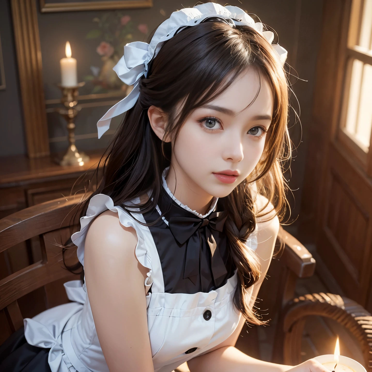 ((best quality: 1.4)), (Unparalleled masterpiece), (ultra high definition) , (Ultra-realistic 8k CG),(half body image from head to thigh),(Super detailed),(maid ),(Artwork by Jean Baptiste Monge), highly detailed maid clothes, half_apron ,Amazingly beautiful , Highly detailed beautiful hair , highly detailed hairstyle, cinematic, happy ,In the old bungalow, candle lighting, Use the backlight effect to increase the depth of the image, Anisotropic filtering, depth of field, Maximum clarity and sharpness, ,8 life size , thick body:0.8 ,perfect anatomy , symmetrical balance, beautiful gradation , sharp focus, golden ratio, centered image, beautiful composition,
