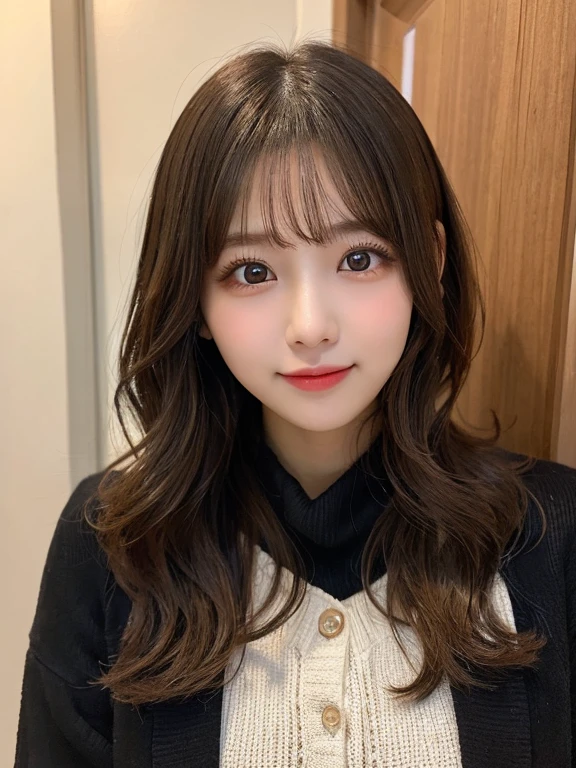1 girl, 1 person, pieces fly, highest quality, figure, Super detailed, small details, High resolution, 8K Dende Wallpaper, 完璧なダイナミックな構figure, beautiful and fine eyes, Winter clothes,medium hair,natural color lip, Home front door(curly)、20 year old girl、cute type、show your face to the camera,face of ecstasy,blur background,KPOP idol face,cute type,Shoot from slightly above,look up,anatomically correct body