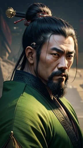 oriental、ancient chinese man wearing green clothes、ancient chinese hairstyle man、three kingdom、multiple warlords、highest quality、masterpiece、ultra high resolution、(Photoreal:1.4)、game poster、inside the house、Upper body、highest quality、masterpiece、ultra high resolution、(Photoreal:1.4)、game poster