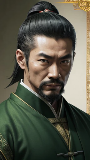 oriental、ancient chinese man wearing green clothes、ancient chinese hairstyle man、three kingdom、multiple warlords、highest quality、masterpiece、ultra high resolution、(Photoreal:1.4)、game poster、inside the house、Upper body、highest quality、masterpiece、ultra high resolution、(Photoreal:1.4)、game poster