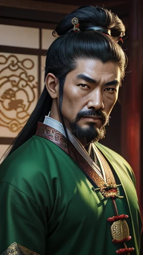 oriental、ancient chinese man wearing green clothes、ancient chinese hairstyle man、three kingdom、multiple warlords、highest quality、masterpiece、ultra high resolution、(Photoreal:1.4)、game poster、inside the house、Upper body、highest quality、masterpiece、ultra high resolution、(Photoreal:1.4)、game poster