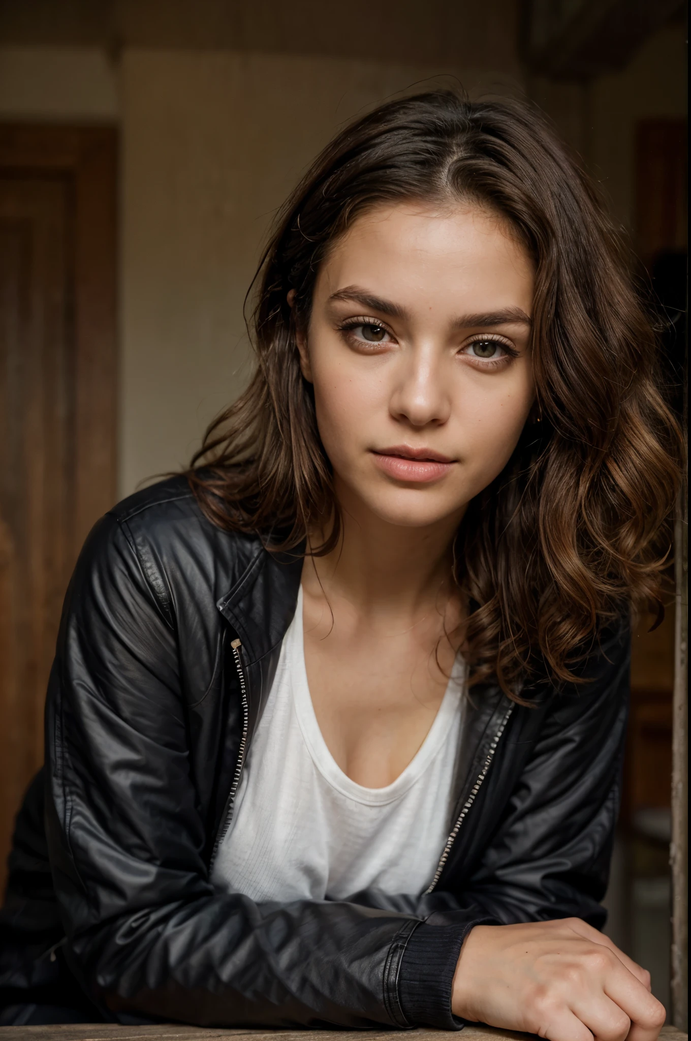 one beautiful woman, oval face, senseful lips, big brown eyes, 30 years old, slim sporty body, middle size breast, leaning on a table and watching i nthe camera, 1/2 body, front view, wearing a jacket and a thirt underneath, curly hair, clothes are whole and consitant, no text, sunny weather, backgorund blurred, sefie shot, cinematic lighting, motion blur, film grain, very detailed, 30 years, natural curly brown hair, dark brown eyes, high-res, masterpiece, best quality, intricate details, highly detailed, sharp focus, detailed skin, realistic skin texture, texture, detailed eyes, professional, 4k, 85mm, shallow depth of field, kodak color vision, perfect fit body, extremely detailed, photo_\(ultra\), photorealistic, realistic, post-processing, maximum detail, roughness, real life, ultra realistic, photorealism, photography, 8k uhd, photography (grain of film) medium shot for closeup shot, longer slimer face, perfect face, long oval lovely face, dark brown eyes, VERY CURLY, deep charming look, deep brown charming eyes, flirty look