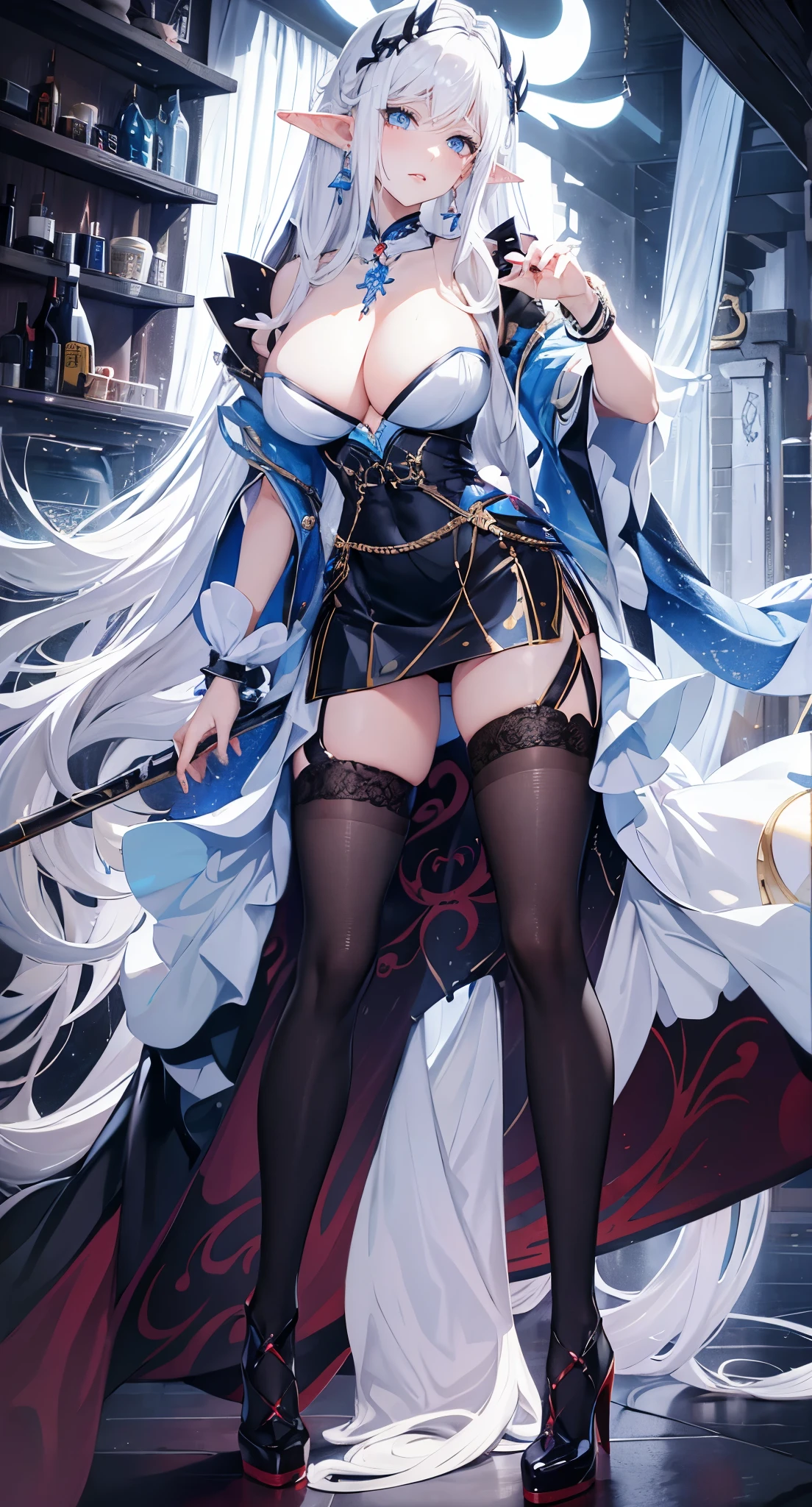 (white hair ),白色long hair,close up,dream world,Elf mature, 银白色long hair,long hair,tear nevus,earrings,(lipstick,earrings),necklace,a pair of bracelets,Sling blue hip skirt,humanoid, paris bar background, her skin  white, fair complexion,blue eyes,白色long hair, Two long black stocking legs,High heel,black legs,,tattoo