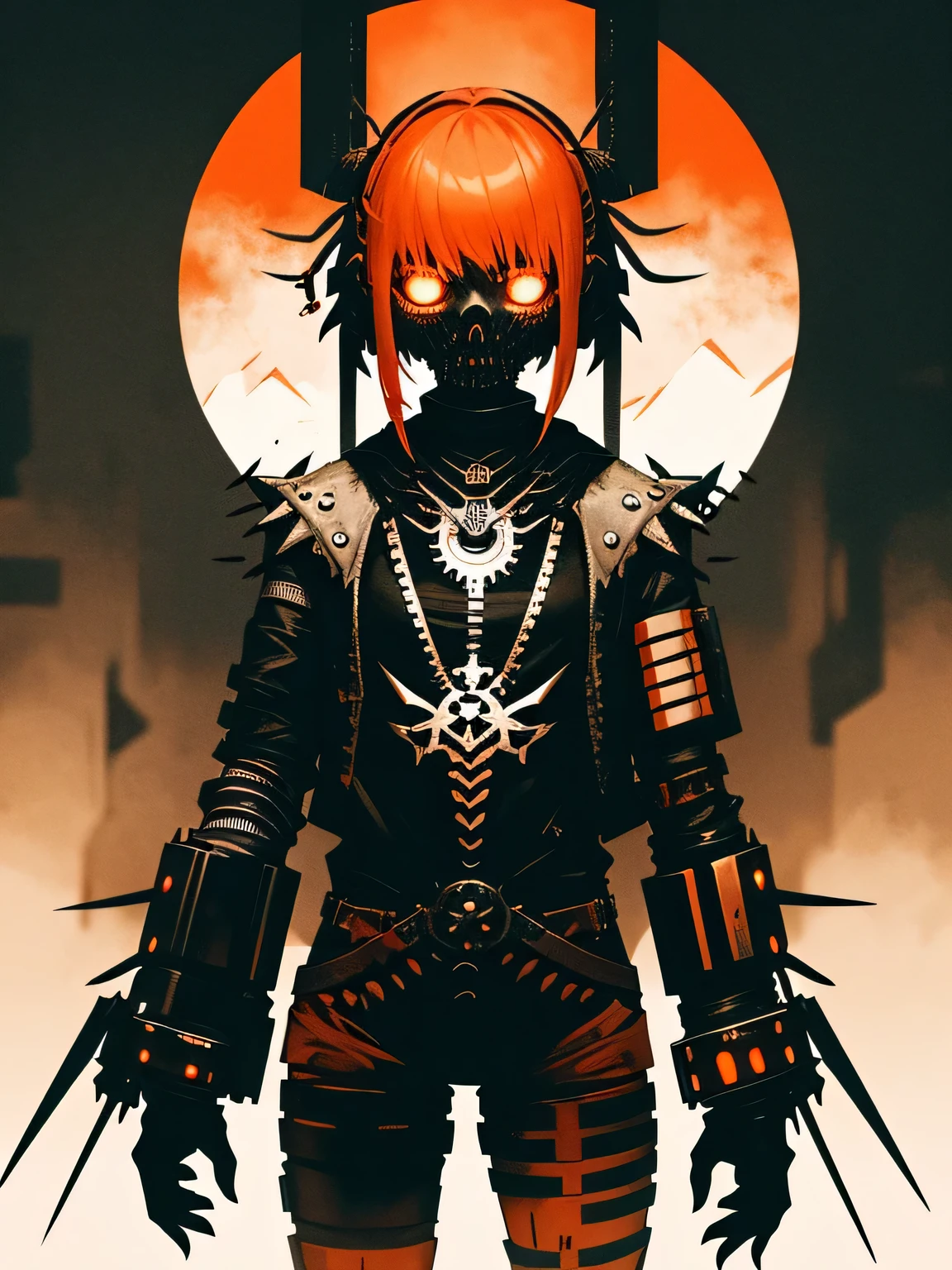(dark biopunk art), ((hopeless horror fantasy art)), gloomy mechanized girl, black wounds, dark black eyes, Steel inserts, (biopunk mantis with long blades), Clothes made from bandages, short clothes, (long dark orange hair), iron medallion, dunes and sands, metal debris, sand storm, cool colors, black tarry liquids, Dark sky, abandoned desert