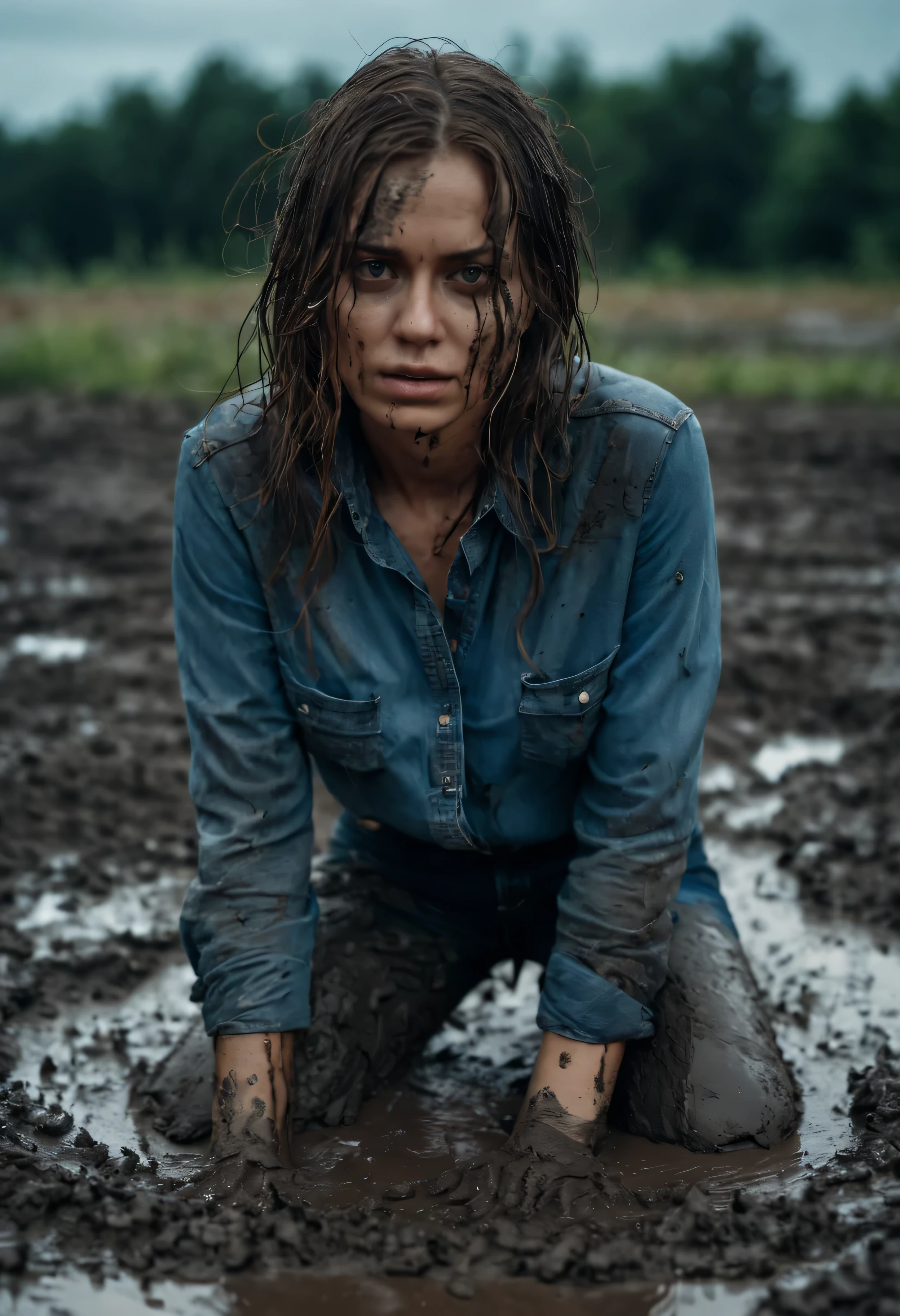 photograph close up portrait of woman in jeans and blouse, indulging in shameful fetish, in mud bath, full body, stoic cinematic 4k epic detailed 4k epic detailed photograph shot on kodak detailed bokeh cinematic hbo dark moody, detailed face, естественная текстура кожи, стоя, 