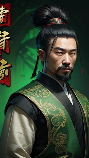 oriental、ancient chinese man wearing green clothes、ancient chinese hairstyle man、three kingdom、multiple warlords、highest quality、masterpiece、ultra high resolution、(Photoreal:1.4)、game poster、inside the house、Upper body、highest quality、masterpiece、ultra high resolution、(Photoreal:1.4)、game poster