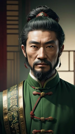 oriental、ancient chinese man wearing green clothes、ancient chinese hairstyle man、three kingdom、multiple warlords、highest quality、masterpiece、ultra high resolution、(Photoreal:1.4)、game poster、inside the house、Upper body、highest quality、masterpiece、ultra high resolution、(Photoreal:1.4)、game poster
