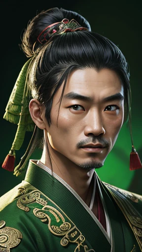 oriental、ancient chinese man wearing green clothes、ancient chinese hairstyle man、three kingdom、multiple warlords、highest quality、masterpiece、ultra high resolution、(Photoreal:1.4)、game poster、inside the house、Upper body、highest quality、masterpiece、ultra high resolution、(Photoreal:1.4)、game poster
