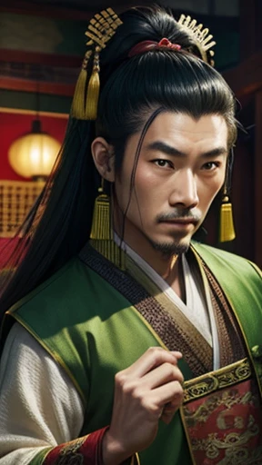 oriental、ancient chinese man wearing green clothes、ancient chinese hairstyle man、three kingdom、multiple warlords、highest quality、masterpiece、ultra high resolution、(Photoreal:1.4)、game poster、inside the house、Upper body、highest quality、masterpiece、ultra high resolution、(Photoreal:1.4)、game poster